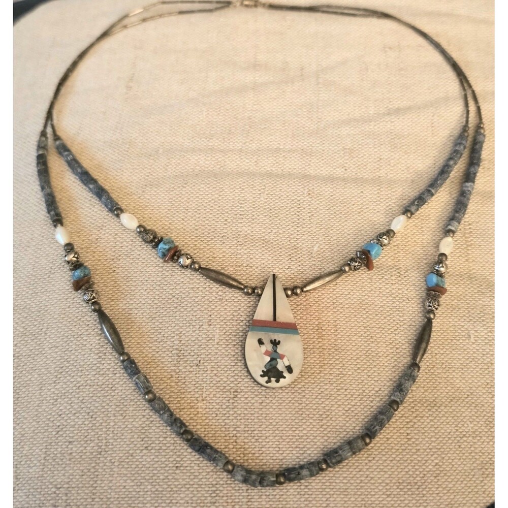Vtg Southwestern Liquid Silver Double Strand Kachina Dancer Inlay MOP Necklace